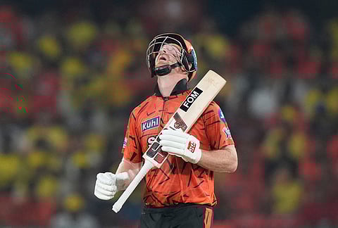 Sunrisers Hyderabad's Heinrich Klaasen celebrates his fifty runs during the Indian Premier League cricket match between Sunrisers Hyderabad and Chennai Super Kings in Hyderabad.