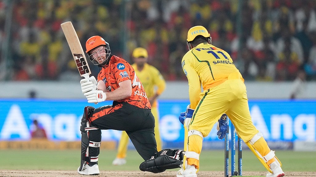 Sunrisers Hyderabad's Heinrich Klaasen plays a shot during the Indian Premier League cricket match between Sunrisers Hyderabad and Chennai Super Kings in Hyderabad, India, Saturday, April 18, 2026.  - AP Photo/Mahesh Kumar A.