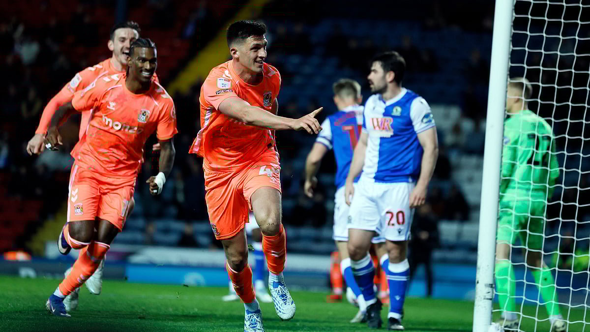 Coventry City's Bobby Thomas celebrates after scoring a goal during EFL Championship 2025-26 match against Blackburn Rovers.  - AP Photo