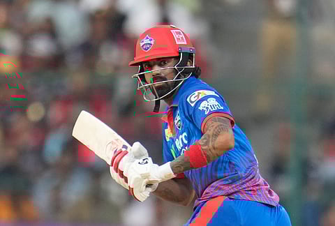 Delhi Capitals' KL Rahul plays a shot during the Indian Premier League cricket match between Royal Challengers Bengaluru and Delhi Capitals in Bengaluru.