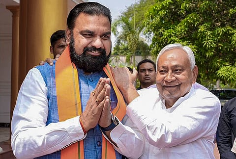 JD(U) President Nitish Kumar, right, with Bihar Chief Minister Samrat Choudhary, left, during a meeting, at the CM’s residence, 5 Deshratna Marg, in Patna.
