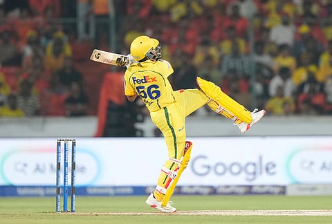 Chennai Super Kings' Ayush Mhatre plays a shot during the Indian Premier League cricket match between Sunrisers Hyderabad and Chennai Super Kings in Hyderabad.