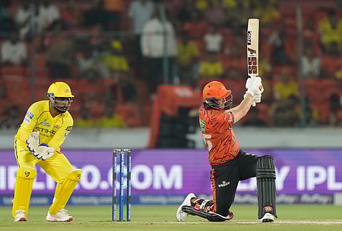 Sunrisers Hyderabad's Heinrich Klaasen hits a six during the Indian Premier League cricket match between Sunrisers Hyderabad and Chennai Super Kings in Hyderabad.