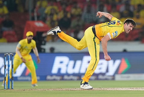 Chennai Super Kings' Jamie Overton bowls a delivery during the Indian Premier League cricket match between Sunrisers Hyderabad and Chennai Super Kings in Hyderabad.