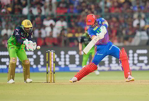 Delhi Capitals' Tristan Stubbs plays a shot during the Indian Premier League cricket match between Royal Challengers Bengaluru and Delhi Capitals in Bengaluru.