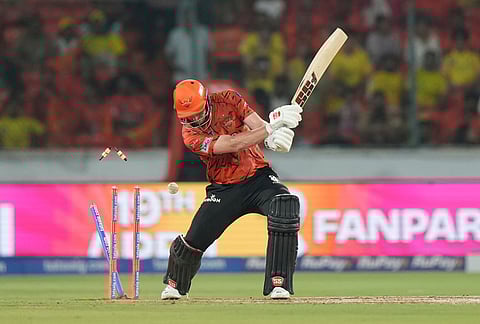 Sunrisers Hyderabad's Heinrich Klaasen bowled out by Chennai Super Kings' Anshul Kamboj during the Indian Premier League cricket match between Sunrisers Hyderabad and Chennai Super Kings in Hyderabad.