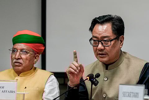Union Parliamentary Affairs Minister Kiren Rijiju addresses a press conference after the conclusion of the Budget Session of the Parliament, in New Delhi. Union Law and Justice Minister (Independent charge) Arjun Ram Meghwal is also seen. 