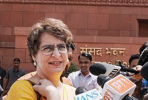 Congress MP Priyanka Gandhi speaks to the media during the Special session of the Parliament, in New Delhi.