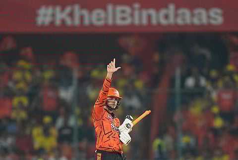 Sunrisers Hyderabad's Abhishek Sharma celebrates his fifty runs during the Indian Premier League cricket match between Sunrisers Hyderabad and Chennai Super Kings in Hyderabad.