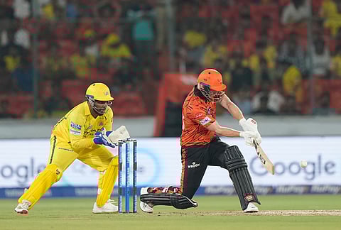 Sunrisers Hyderabad's Heinrich Klaasen hits a boundary during the Indian Premier League cricket match between Sunrisers Hyderabad and Chennai Super Kings in Hyderabad.