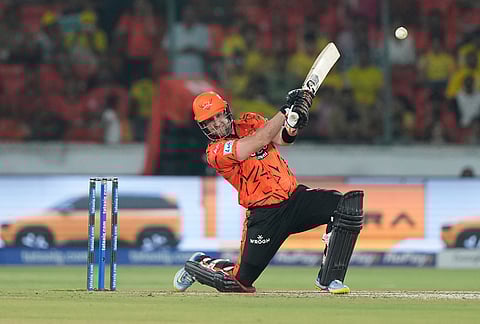 Sunrisers Hyderabad's Liam Livingstone plays a shot during the Indian Premier League cricket match between Sunrisers Hyderabad and Chennai Super Kings in Hyderabad.