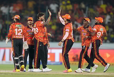 Sunrisers Hyderabad's Nitish Kumar Reddy, third left, celebrate with teammates the wicket of Chennai Super Kings' Sanju Samson during the Indian Premier League cricket match between Sunrisers Hyderabad and Chennai Super Kings in Hyderabad.