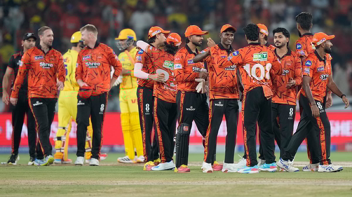 Sunrisers Hyderabad players celebrate a wicket against Chennai Super Kings players in IPL 2026 clash at Rajiv Gandhi International Stadium in Hyderabad.  - AP Photo