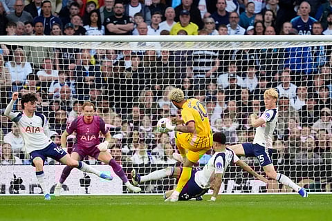 Brighton and Hove Albion's Georginio Rutter scores their second goal of the game in an English Premier League soccer match between Tottenham Hotspur and Brighton and Hove Albion in London. 