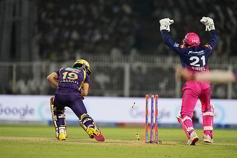 Kolkata Knight Riders' Ramandeep Singh is bowled out by debutant Rajasthan Royals' Yash Raj during the Indian Premier League cricket match between Kolkata Knight Riders and Rajasthan Royals in Kolkata, India.