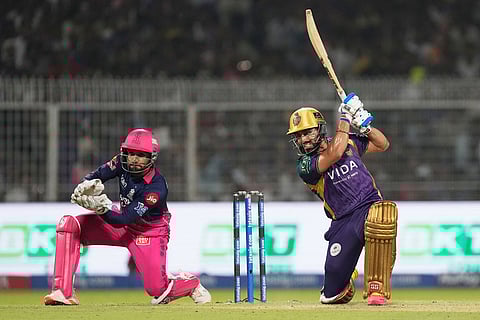 Kolkata Knight Riders' Ramandeep Singh bats during the Indian Premier League cricket match between Kolkata Knight Riders and Rajasthan Royals in Kolkata, India.