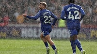 | Photo: AP/Steven Paston : Everton's Kiernan Dewsbury-Hall, left, celebrates scoring his side's second during the English Premier League match between Brentford and Everton, at the Gtech Community Stadium, London, Saturday April 11, 2026. 