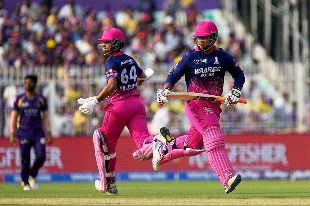 Rajasthan Royals' Yashasvi Jaiswal, left, and batting partner Vaibhav Sooryavanshi run between the wickets during the Indian Premier League cricket match between Kolkata Knight Riders and Rajasthan Royals in Kolkata, India. - | Photo: AP/Bikas Das
