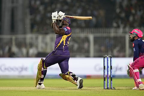 Kolkata Knight Riders' Rovman Powell plays a shot during the Indian Premier League cricket match between Kolkata Knight Riders and Rajasthan Royals in Kolkata, India.