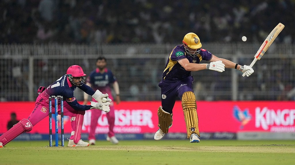 Rajasthan Royals' Dhruv Jurel, left, collects the ball before stumping Kolkata Knight Riders' Cameron Green, right, out during their Indian Premier League match in Kolkata. - AP/Bikas Das