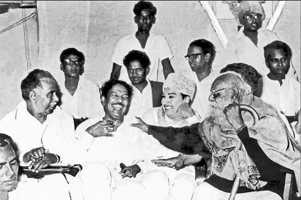 First Steps: Periyar, M.G. Ramachandran, Kalaignar and C.N. Annadurai during the inception of Dravida Kazhagam - | Source: DMK Archives