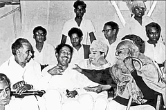 | Source: DMK Archives : First Steps: Periyar, M.G. Ramachandran, Kalaignar and C.N. Annadurai during the inception of Dravida Kazhagam