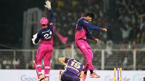 Rajasthan Royals' Yash Raj, right, celebrates the wicket of Kolkata Knight Riders' Ramandeep Singh, centre, during their Indian Premier League match.