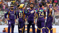 IPL Dispatch: Lalit Modi Rubbishes KP's The Hundred Comparison; Varun Strikes Defiant Note AP/Bikas Das : Kolkata Knight Riders' Varun Chakravarthy, centre, celebrates with teammates the wicket of Rajasthan Royals' captain Riyan Parag during their Indian Premier League match at the Eden Gardens.