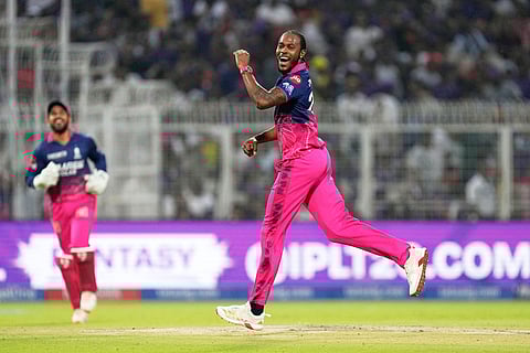 Rajasthan Royals' Jofra Archer celebrates the wicket of Kolkata Knight Riders' Tim Seifert during the Indian Premier League cricket match between Kolkata Knight Riders and Rajasthan Royals in Kolkata, India.