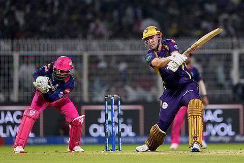 Kolkata Knight Riders' Cameron Green plays a shot during the Indian Premier League cricket match between Kolkata Knight Riders and Rajasthan Royals in Kolkata, India.