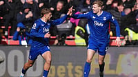 | Photo: AP/John Walton : Everton's Kiernan Dewsbury-Hall (left) celebrates with team-mate Jarrad Branthwaite after scoring his side's second goal during the English Premier League match between Brentford and Everton, at the Gtech Community Stadium, London, Saturday April 11, 2026.