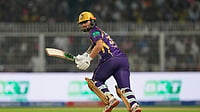 (AP Photo/Bikas Das) : Kolkata Knight Riders' Rinku Singh plays a shot during the Indian Premier League cricket match between Kolkata Knight Riders and Lucknow Super Giants in Kolkata, India, Thursday, April 9, 2026.