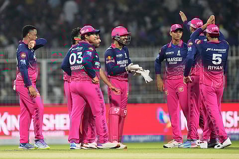 Rajasthan Royals' Dhruv Jurel, center, celebrates with teammates after stumping Kolkata Knight Riders' Cameron Green out during the Indian Premier League cricket match between Kolkata Knight Riders and Rajasthan Royals in Kolkata, India.