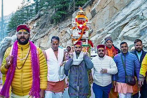 People carry the palanquin of Goddess Ganga, which departs from Bhaironghati for Gangotri Dham, ahead of the opening of the temple on the occasion of 'Akshaya Tritiya', in Uttarkashi, Uttarakhand.
