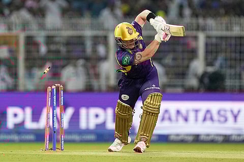 Kolkata Knight Riders' Tim Seifert is bowled out on the first ball by Rajasthan Royals' Jofra Archer during the Indian Premier League cricket match between Kolkata Knight Riders and Rajasthan Royals in Kolkata, India.