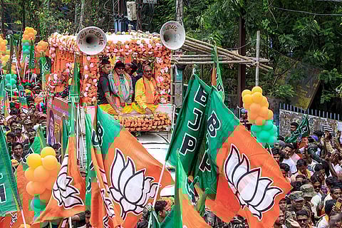 BJP leader and actor Mithun Chakraborty during a campaign in support of party candidate Dhruba Saha of Rampurhat constituency ahead of the West Bengal Assembly elections, in Birbhum district.