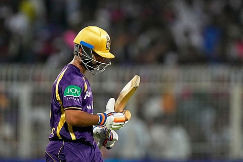 Kolkata Knight Riders' captain Ajinkya Rahane leaves the ground after losing his wicket during the Indian Premier League cricket match between Kolkata Knight Riders and Rajasthan Royals in Kolkata, India.