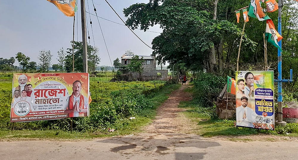 Photo: Handout via PTI; Representative image : Election posters and flags of political parties line a village road in the Gopiballavpur Assembly segment ahead of the West Bengal Assembly elections, in Jhargram, West Bengal.