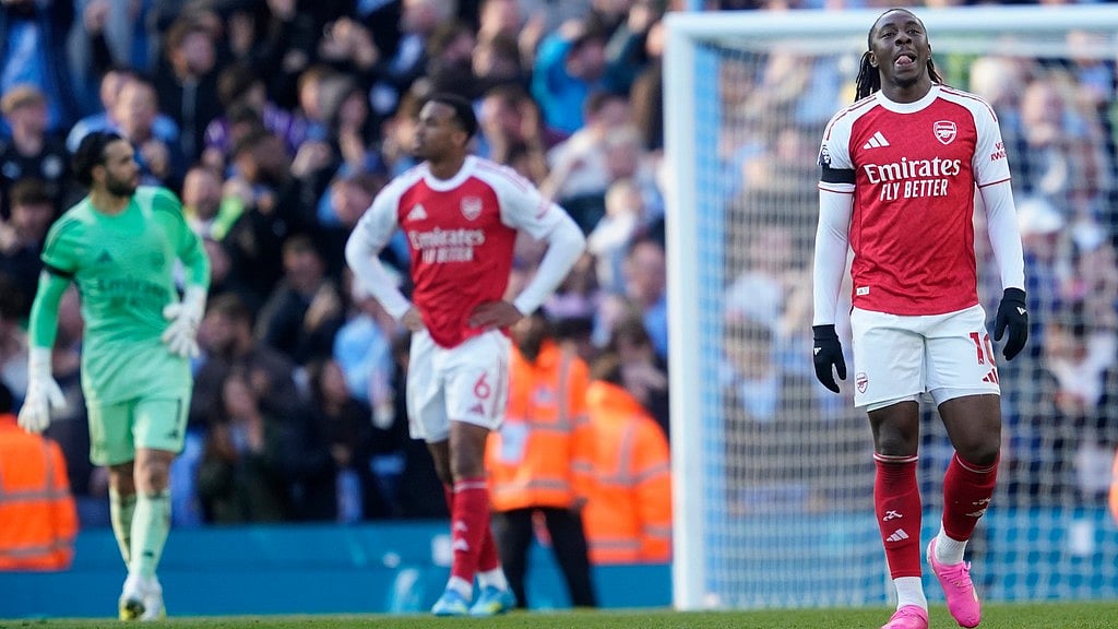 Arsenal's Eberechi Eze reacts after Manchester City's Erling Haaland scored his side's second goal during their English Premier League match. - AP/Dave Thompson