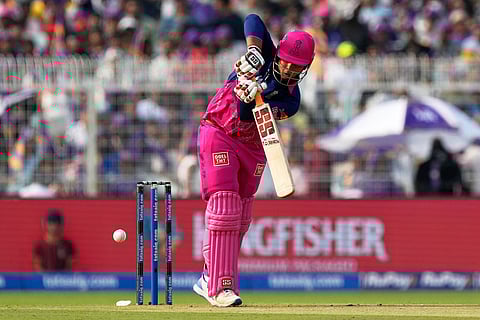 Rajasthan Royals' Vaibhav Sooryavanshi plays a shot during the Indian Premier League cricket match between Kolkata Knight Riders and Rajasthan Royals in Kolkata, India.