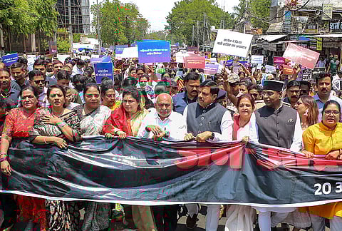 Madhya Pradesh Chief Minister Mohan Yadav and state BJP President Hemant Khandelwal take part in the ‘Jan-Aakrosh Mahila Padyatra’, in Bhopal.