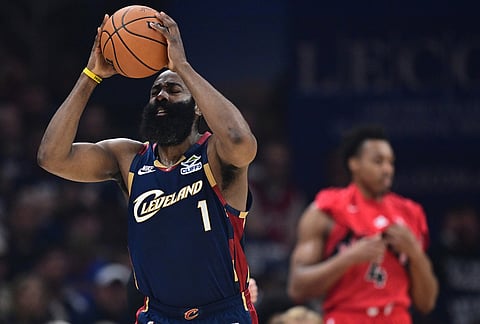 Cleveland Cavaliers guard James Harden reacts after being called for a foul during the first half in Game 1 of a first-round NBA playoffs basketball series against the Toronto Raptors, in Cleveland. 