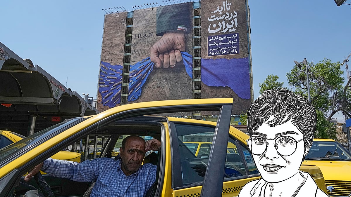 A taxi driver waits for passengers in front of a billboard that shows a graphic depicting a military personnel's hand holding the Strait of Hormuz in his fist with signs which read in Farsi: "In Iran's hands forever," "Trump couldn't do a damn thing," "The control of Strait of Hormuz will be Iran's forever," in Vanak Square in northern Tehran, Iran, Thursday, April 16, 2026.  - AP Photo/Vahid Salemi