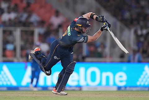 Gujarat Titans' Glenn Phillips plays a shot during the Indian Premier League cricket match between Gujarat Titans and Mumbai Indians in Ahmedabad.