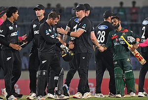 | Photo: AP/Mosaraf Hossain : Bangladesh's captain Mehidy Hassan Miraz shake hand with New Zealand players, after winning the second one day international match against New Zealand, in Mirpur, Bangladesh.