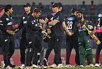 Bangladesh Vs New Zealand, 2nd ODI: Nahid Rana Fifer Helps Bangla Tigers Level Series 1-1 | Photo: AP/Mosaraf Hossain : Bangladesh's captain Mehidy Hassan Miraz shake hand with New Zealand players, after winning the second one day international match against New Zealand, in Mirpur, Bangladesh.