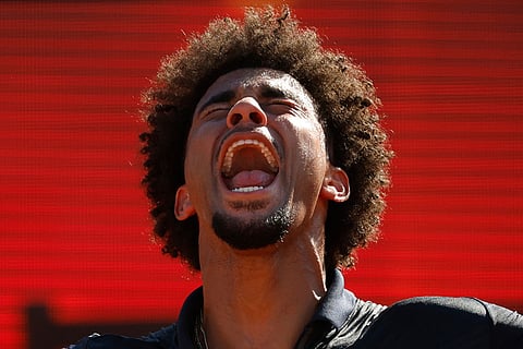 France's Arthur Fils reacts after defeating Russia's Andrey Rublev in the ATP Barcelona Open tennis final in Barcelona, Spain.