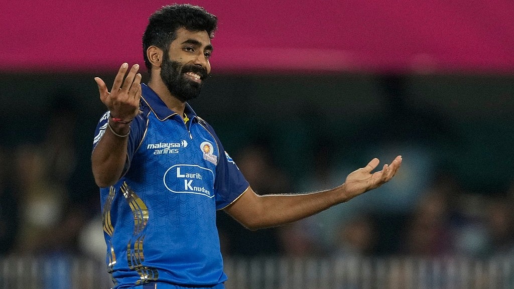 Jasprit Bumrah reacts after bowling a delivery during the Indian Premier League match between Mumbai Indians and Rajasthan Royals in Guwahati. - AP/Anupam Nath