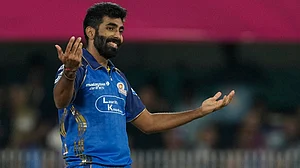 AP/Anupam Nath : Jasprit Bumrah reacts after bowling a delivery during the Indian Premier League match between Mumbai Indians and Rajasthan Royals in Guwahati.