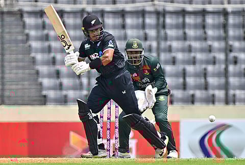 New Zealand's Muhammad Abbas plays a shot during the second one day international cricket match between Bangladesh and New Zealand in Mirpur, Bangladesh.
